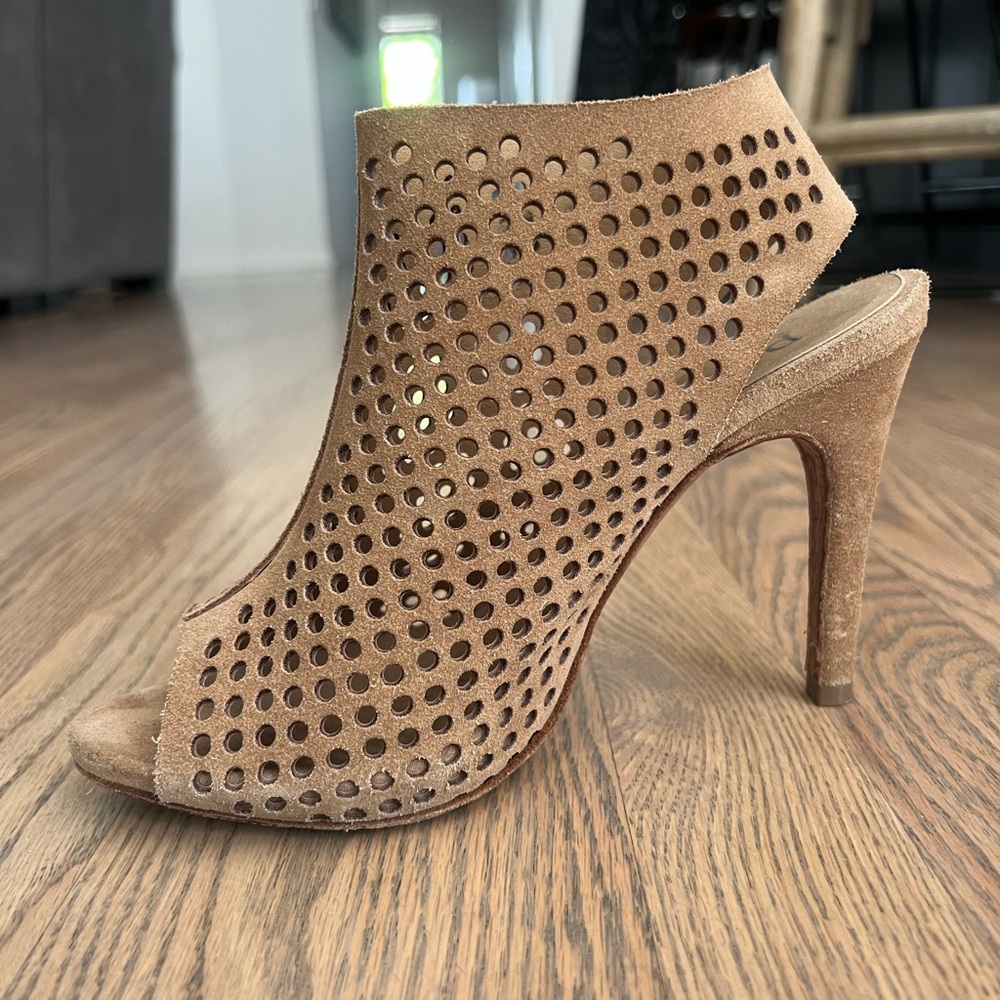 Pedro Garcia Suede Peep-Toe Perforated High Heel Sandal - Tan